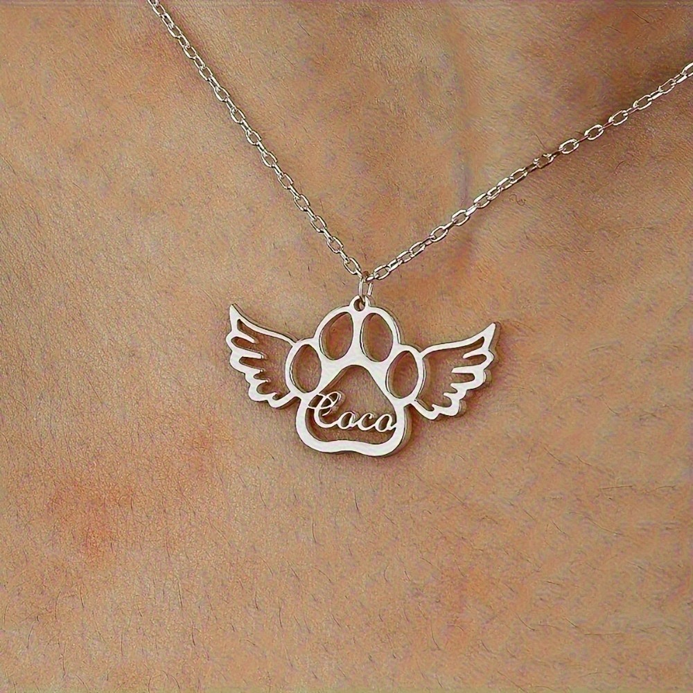 Custom Unique Angel Wings and Paw Print Name Necklace